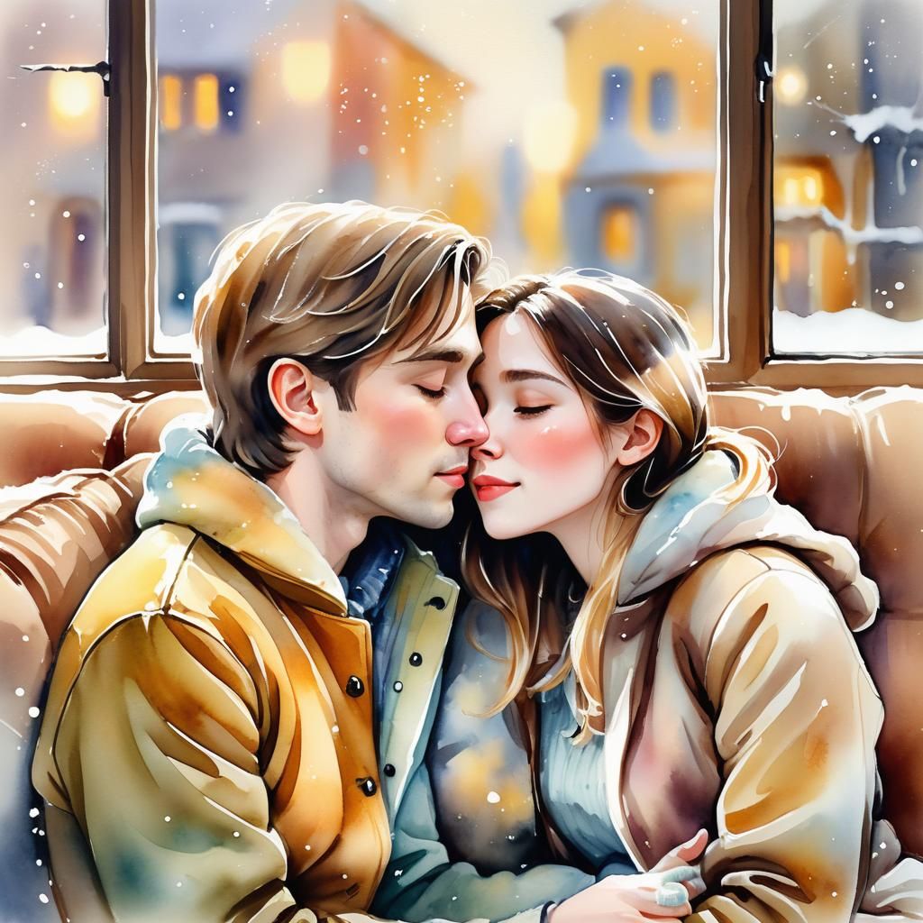 Couple Kissing by Window in Whimsical Watercolor