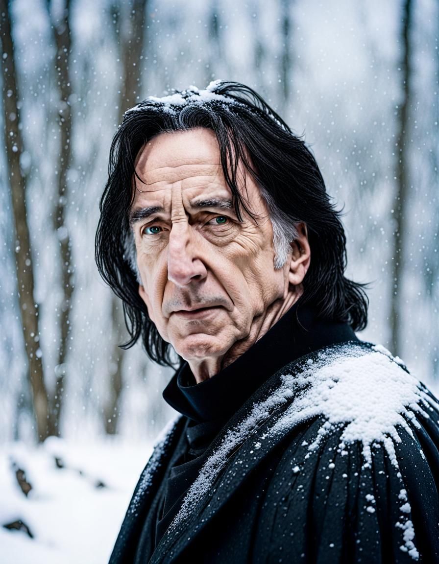 Portrait of Alan Rickman as Severus Snape in a Snowy Tundra, Sfumato, Wet Washed – by Natalia Goncharova