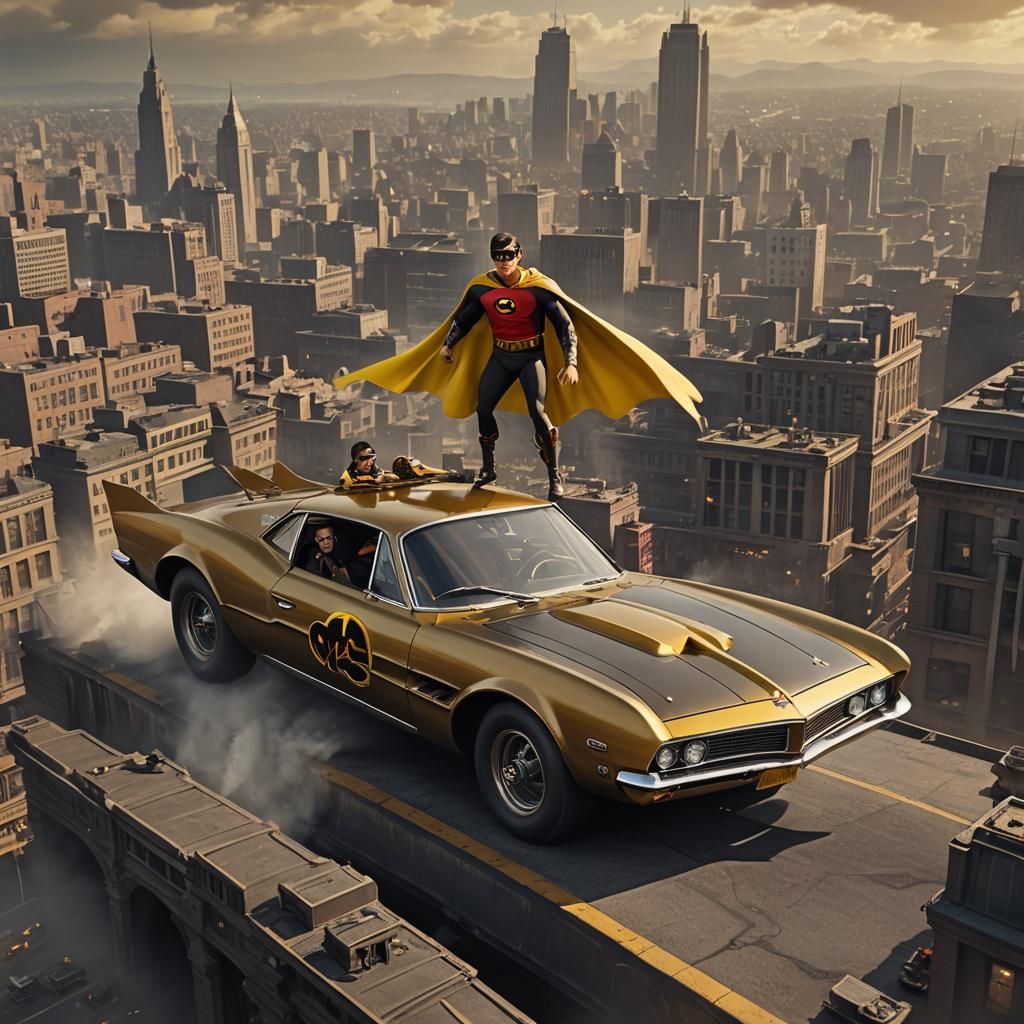 Robin on Batmobile: 1960s Throwback in Digital Art