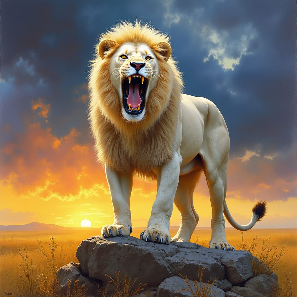 Majestic Lion Roars in Sunset Savannah