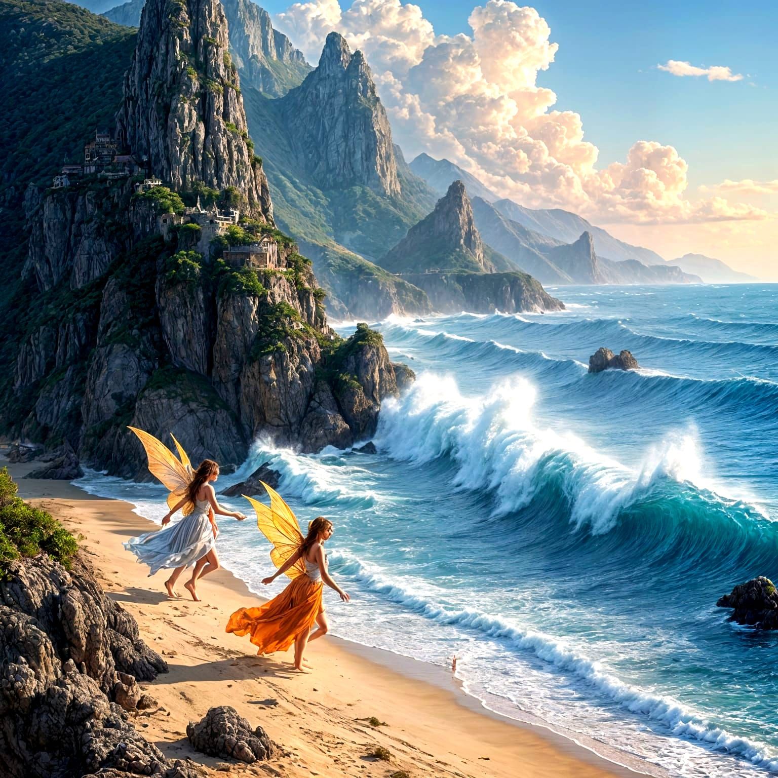Whimsical Mountain Fairies Dance Amidst Fiery Ocean Waves