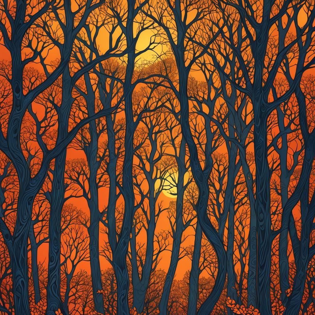 Vivid Sunset Through Trees: Abstract Vector Fractal Art