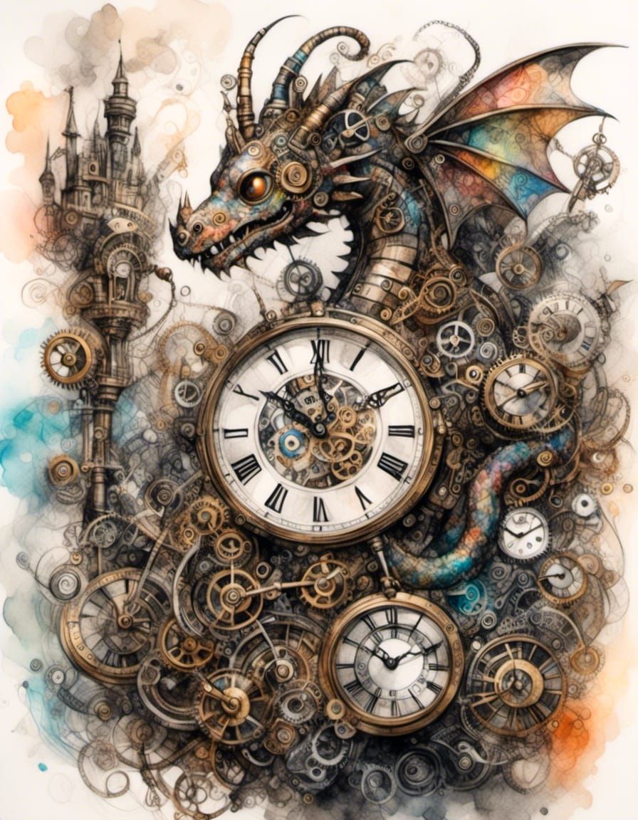 Clockwork Cyborg Dragon in Watercolor Style