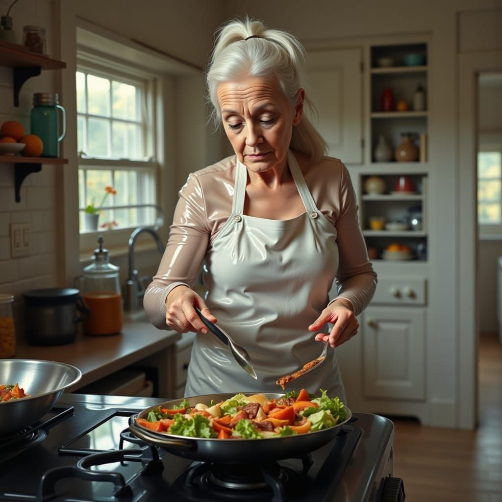 Attractive Older Woman Cooking in Cellophane Outfit