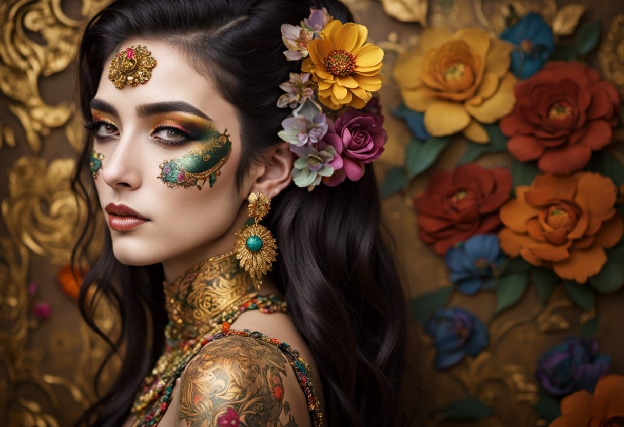 Woman Painted with Flowers and Gold Jewelry