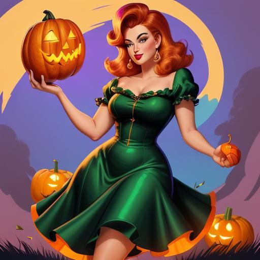 Curvy Witch Casting Spells in Retro Pin-Up Style
