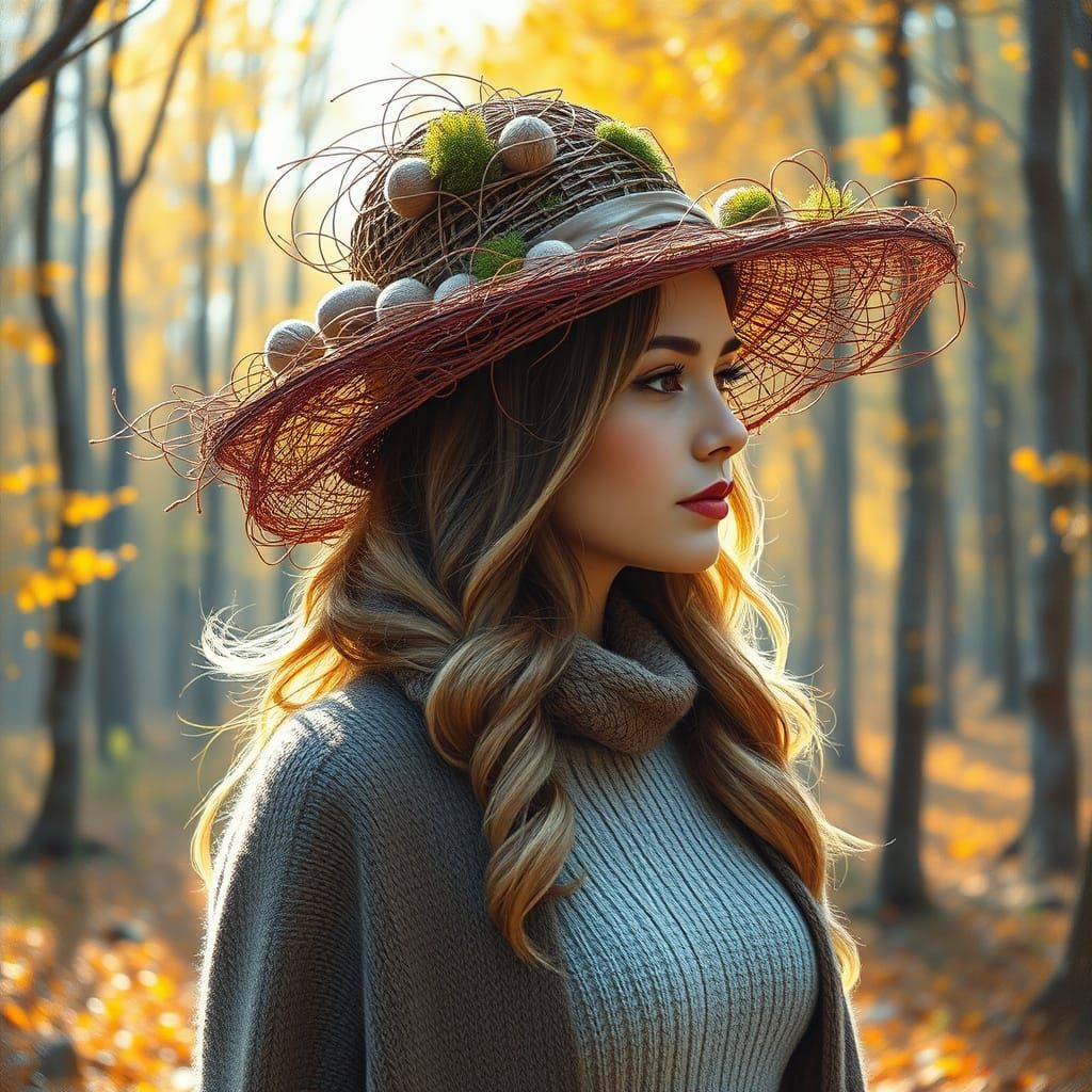 Nordic Fashionista in Autumn Forest, Neo-Impressionist Style