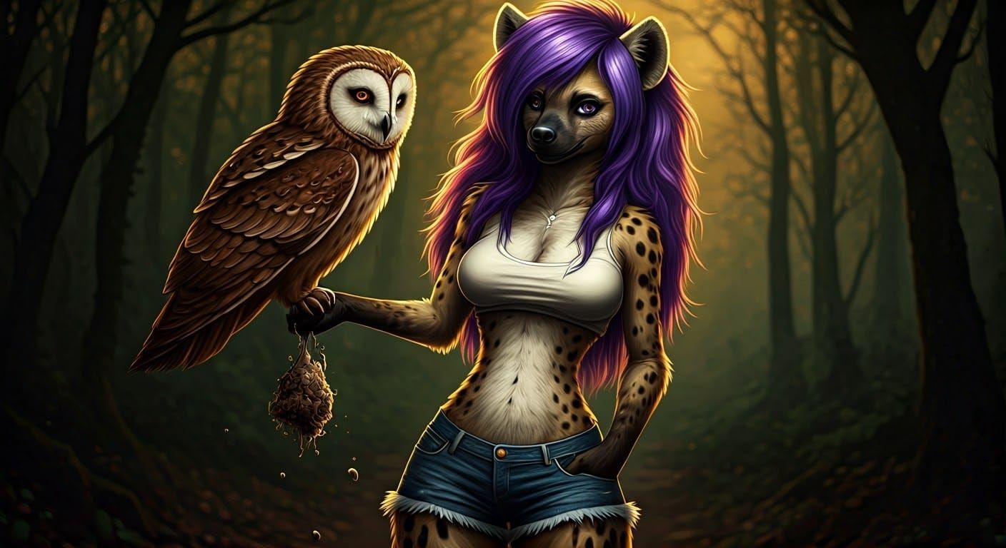 Fierce Furry She-Hyena in Moody Forest Landscape