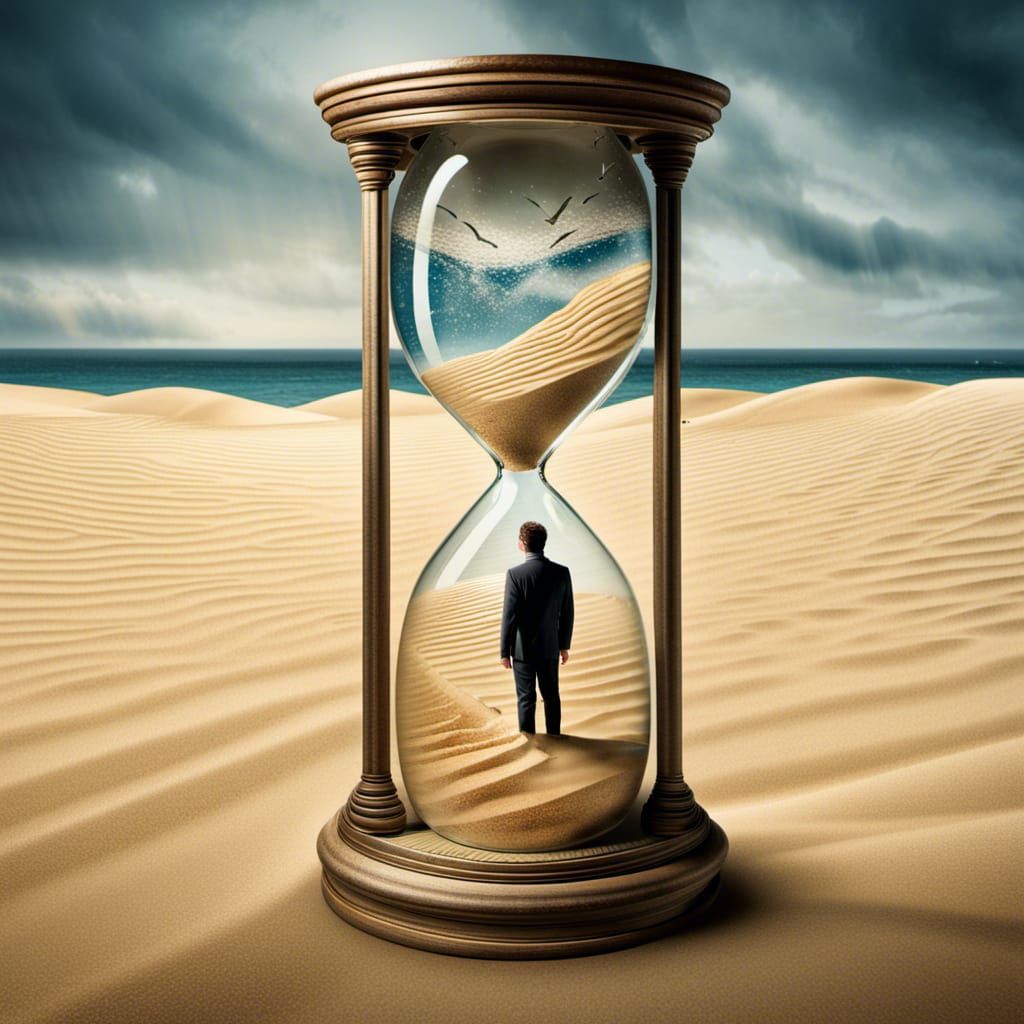 Man Drowning in Hourglass of Time
