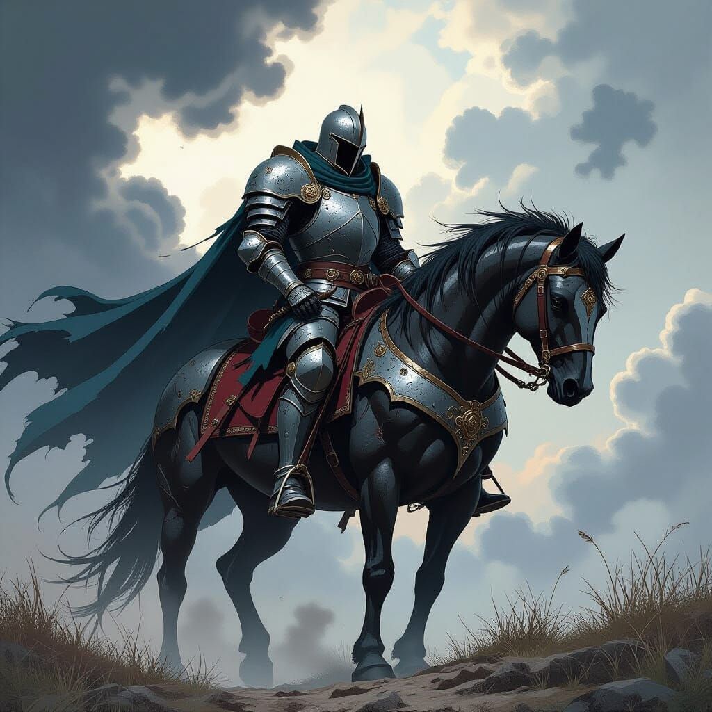 Dark Fantasy Knight on Scarred Stallion: Anime Style