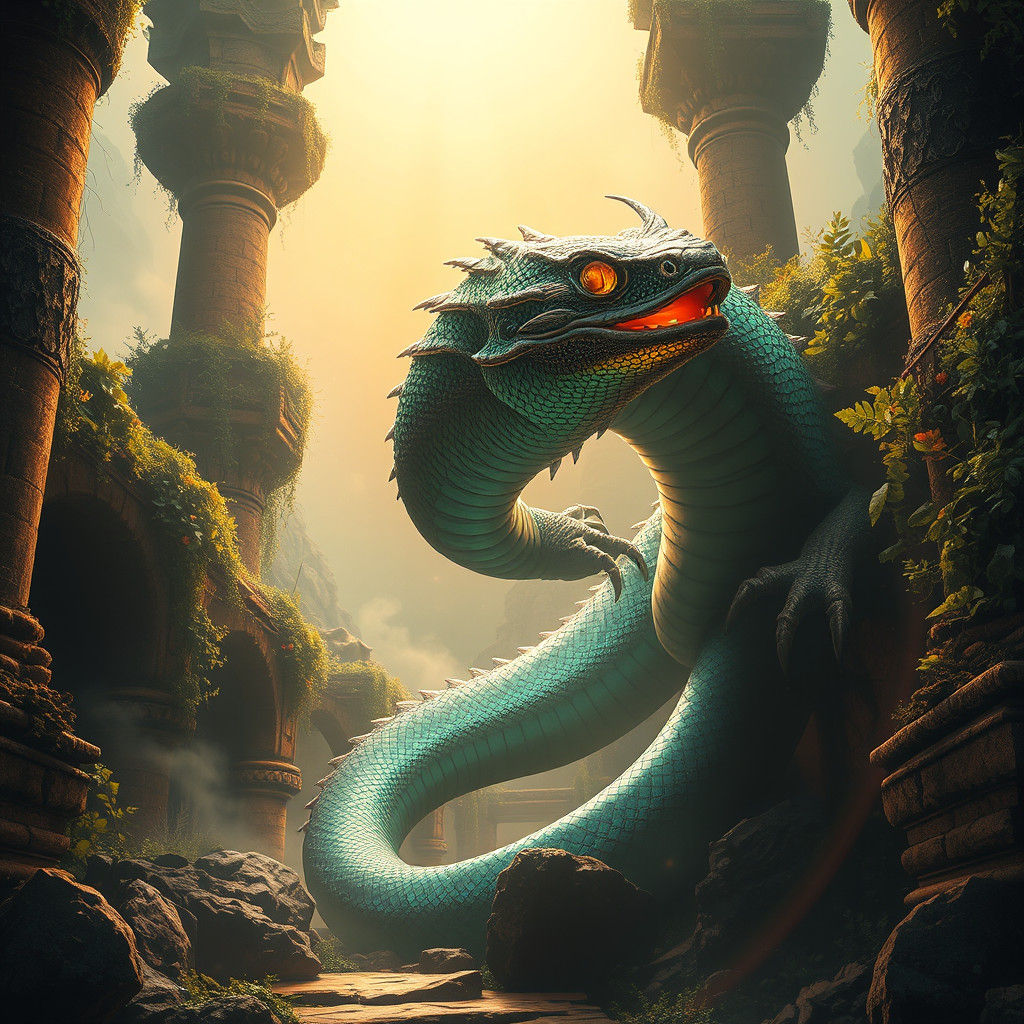 Majestic Basilisk Emerges from Ancient Ruin