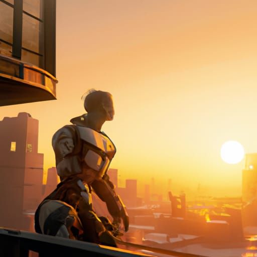 Cyborg on Spaceship at Sunset: 3D Game Art