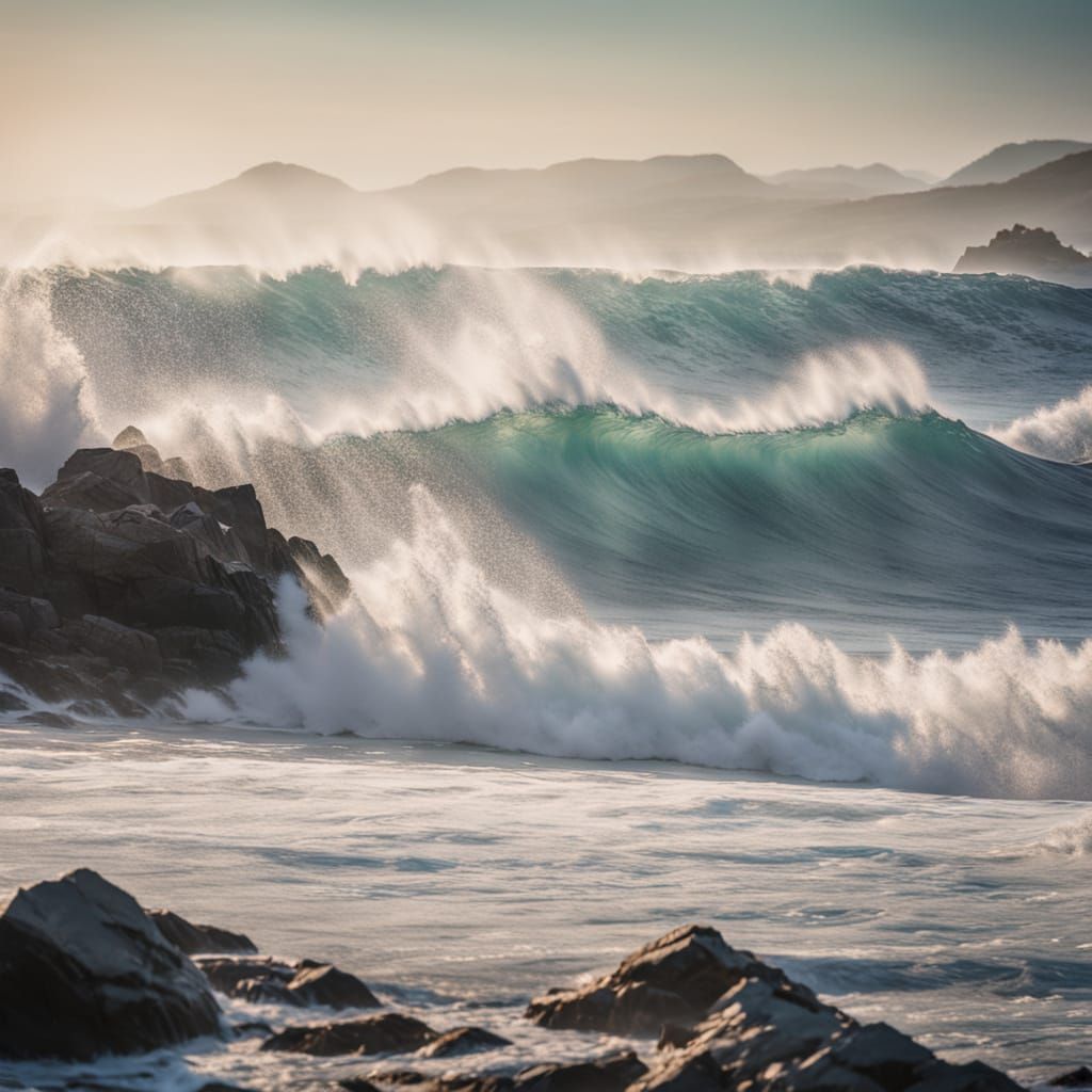 Ocean Waves Crashing on Rocky Shore