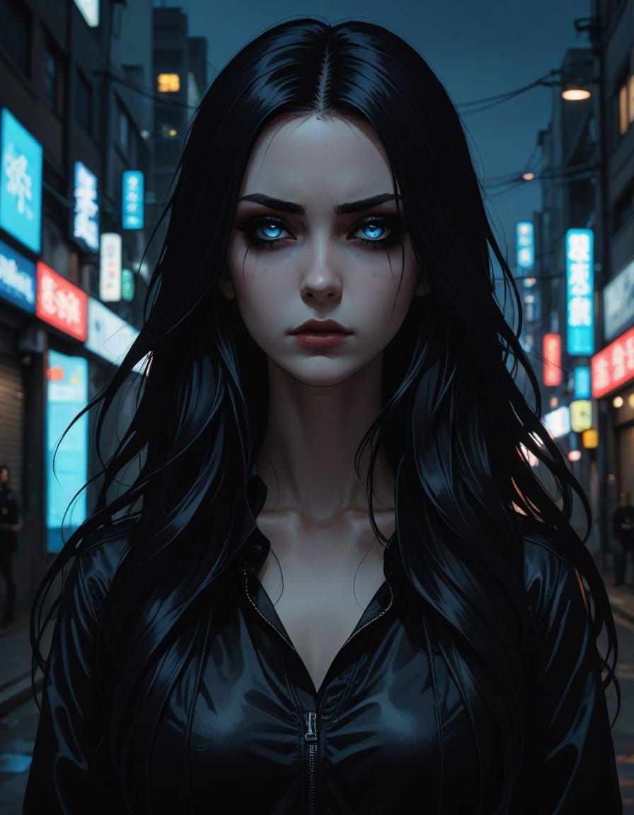 Goth Anime Woman in Moody Urban Setting