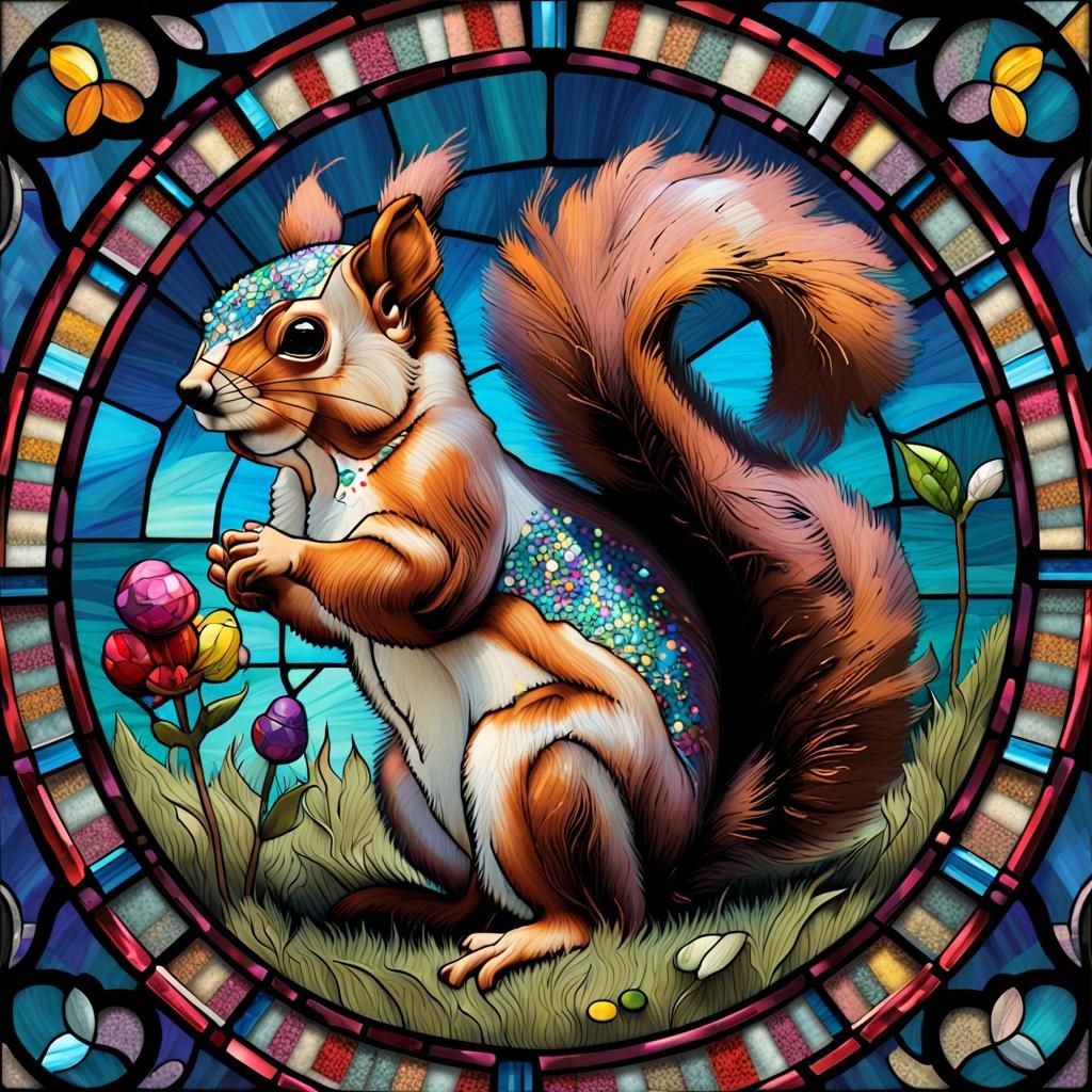 Intricate Stained Glass Squirrel in Sci-Fi Style