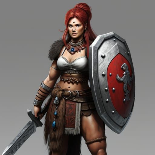 Barbarian Female Warrior with Shield and Sword