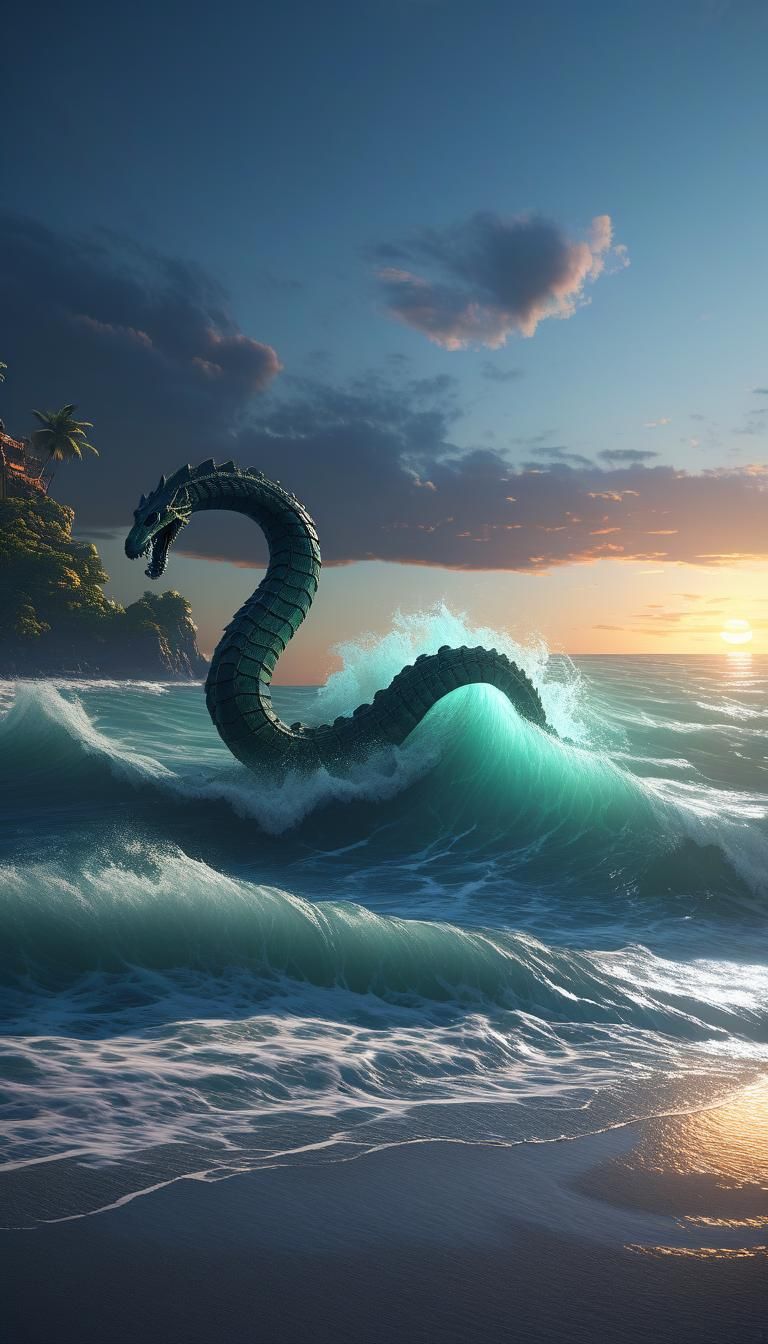 Sea Serpent at Dawn: Detailed Fantasy Matte Painting