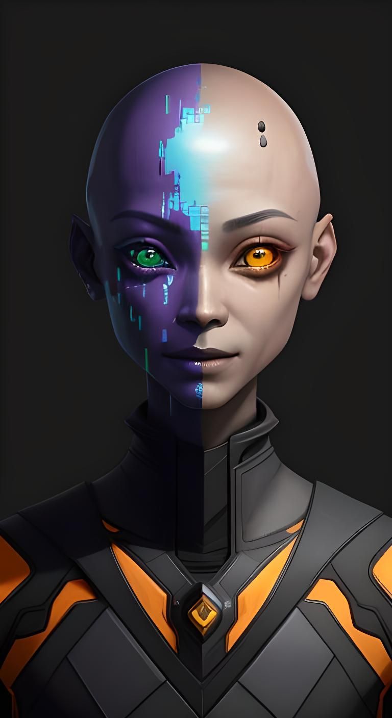 Iridescent Humanoid Portrait with Glitch Art Technique