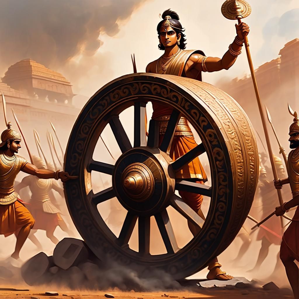 Abhimanyu on Battlefield Holding Chariot Wheel