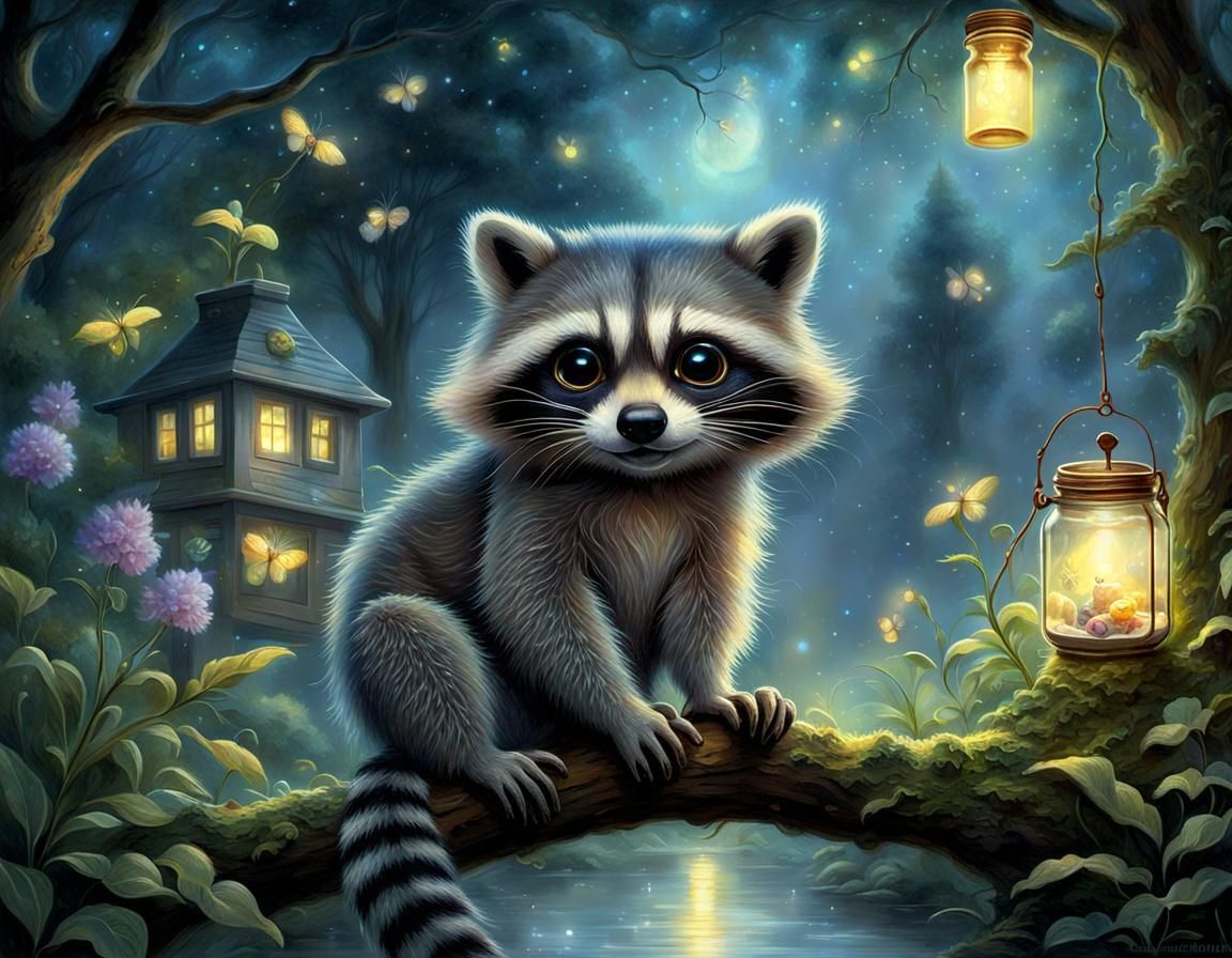 Raccoon Captures Fireflies in Ethereal Fantasy Scene