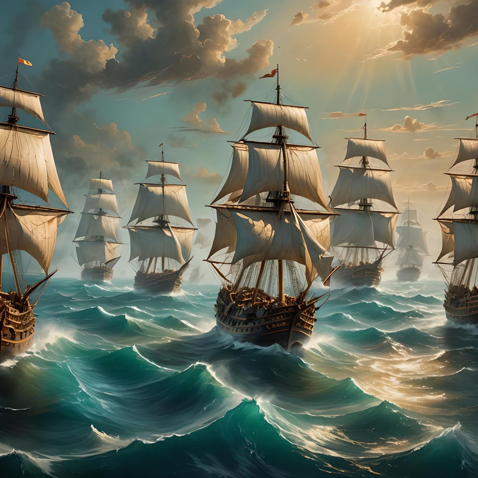 Majestic Caravels Sailing at Golden Hour