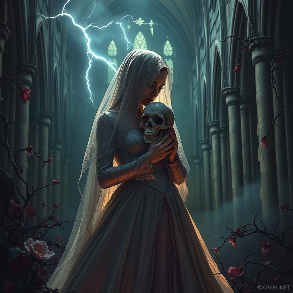 Veiled bride in tattered lace, cradling skull of her groom, whispers vows in crumbling cathedral, lit by eerie lightning...