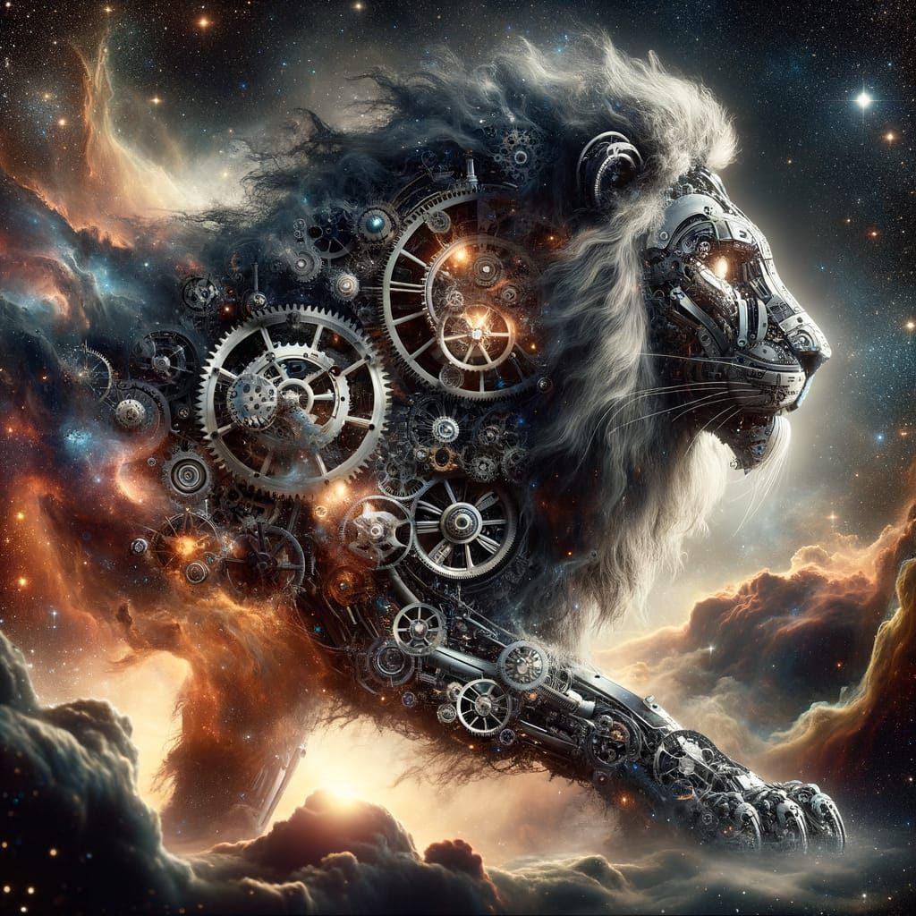 Mechanical Lion Roaming Cosmic Nebula in Surreal Concept Art