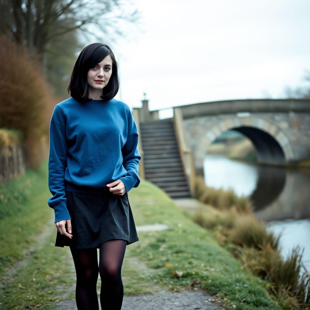 Young Woman on Canal Towpath in Cinematic Style