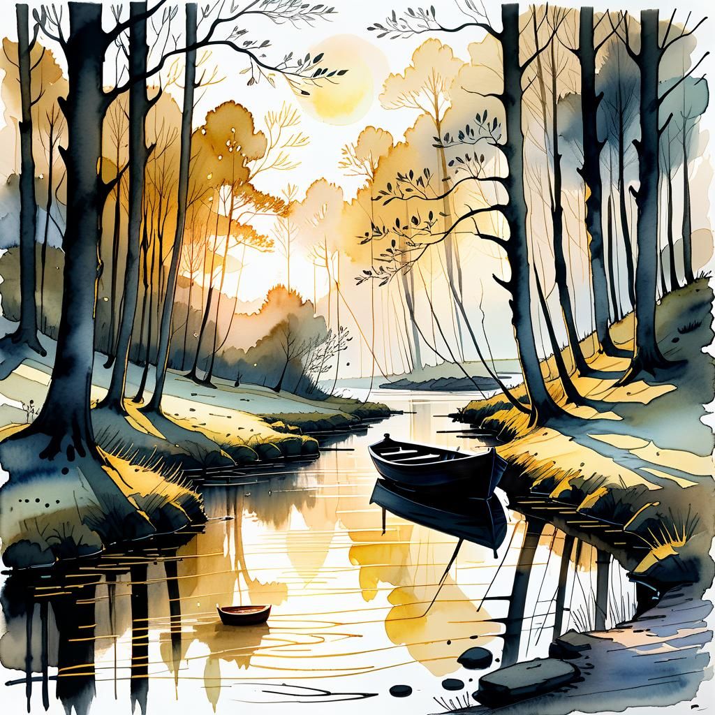 Minimalist Ink Sketch of a Moored Boat at Sunrise