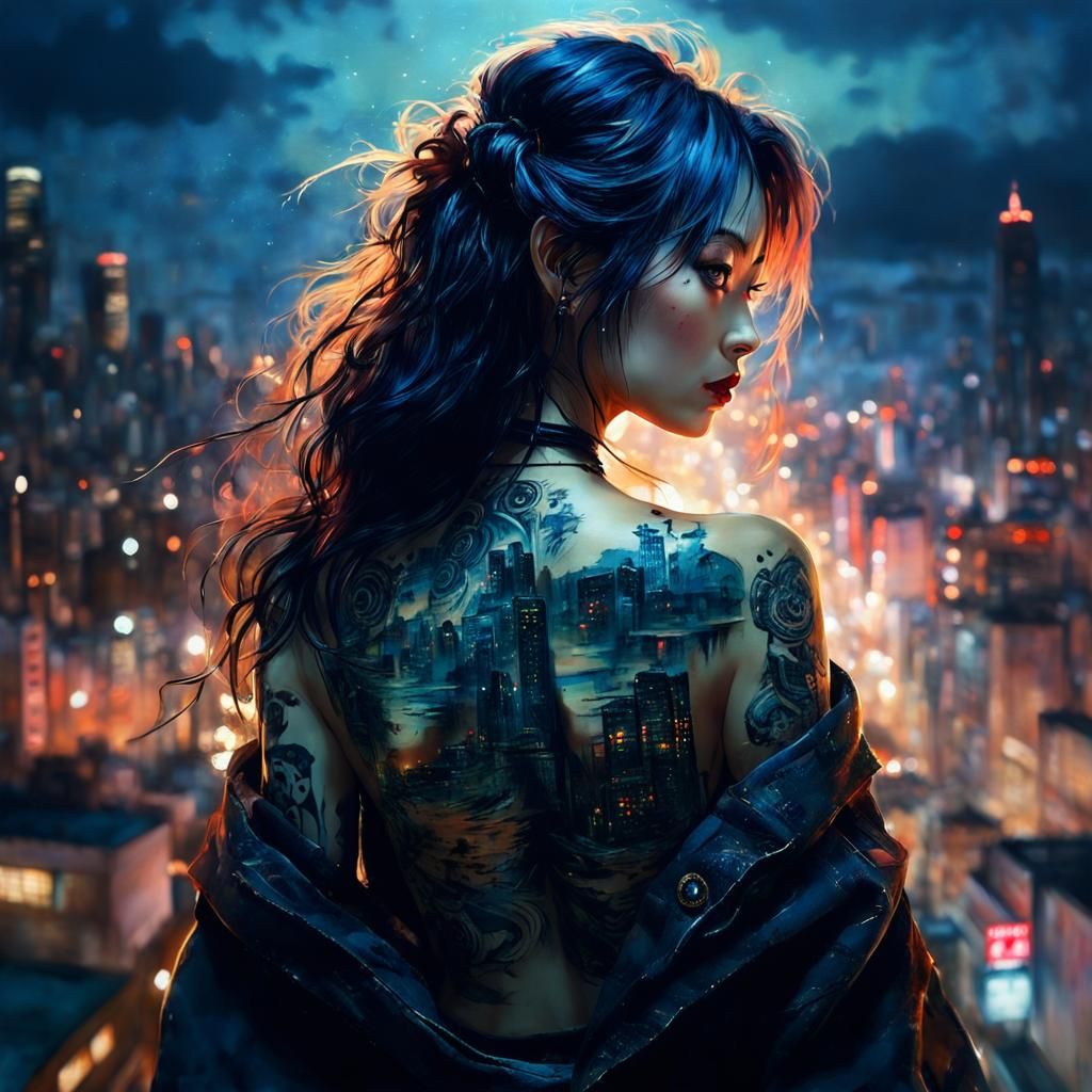 Tattooed Woman in Hyperdetailed Cityscape Art
