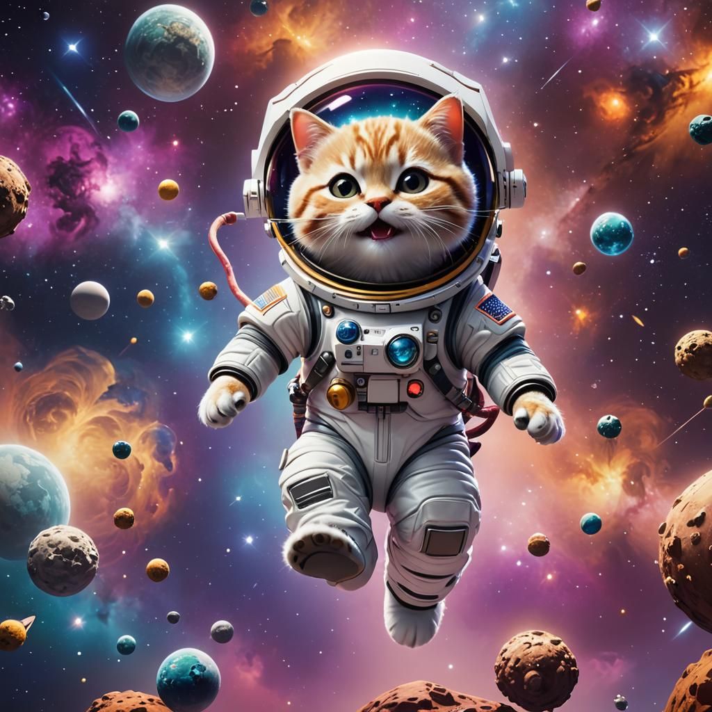 Cute Cat Astronaut Floating in Cosmos: Pixar Style