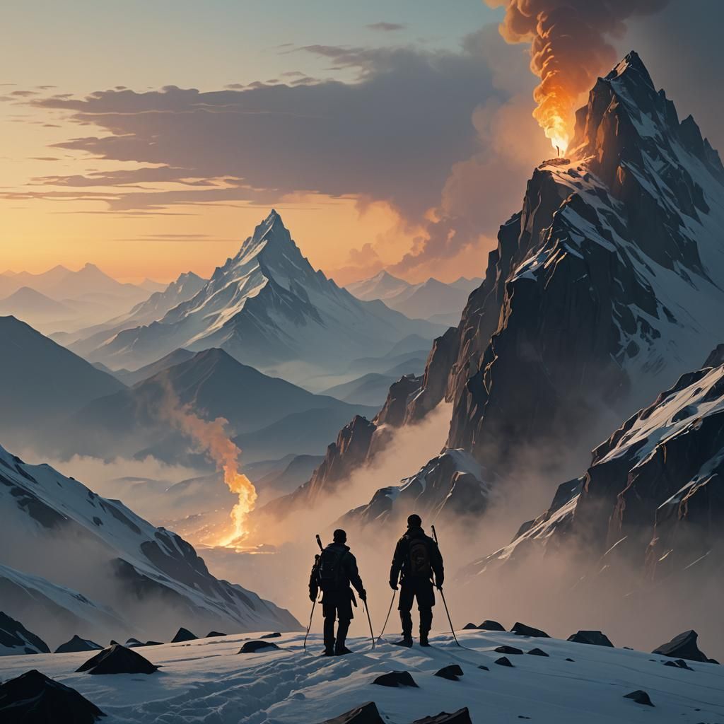 Torch Passing on Misty Peak: Cinematic Landscape