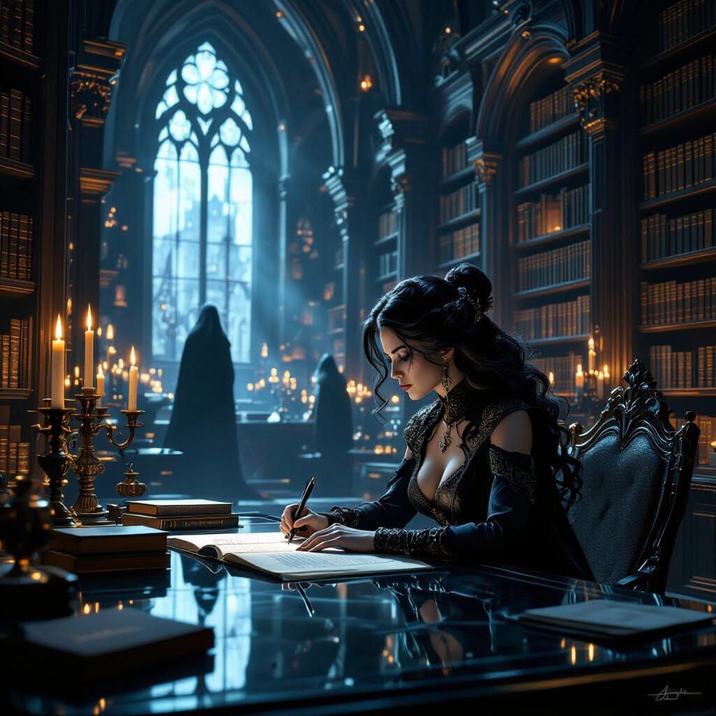 Gothic Library Scene with Woman Writing at Desk