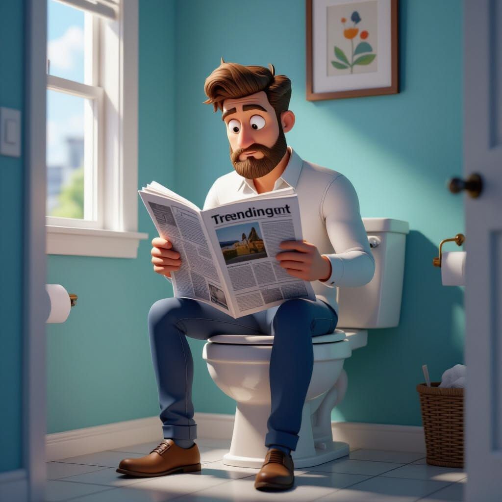 Cartoon Man Reading Newspaper on Toilet in Dramatic 3D