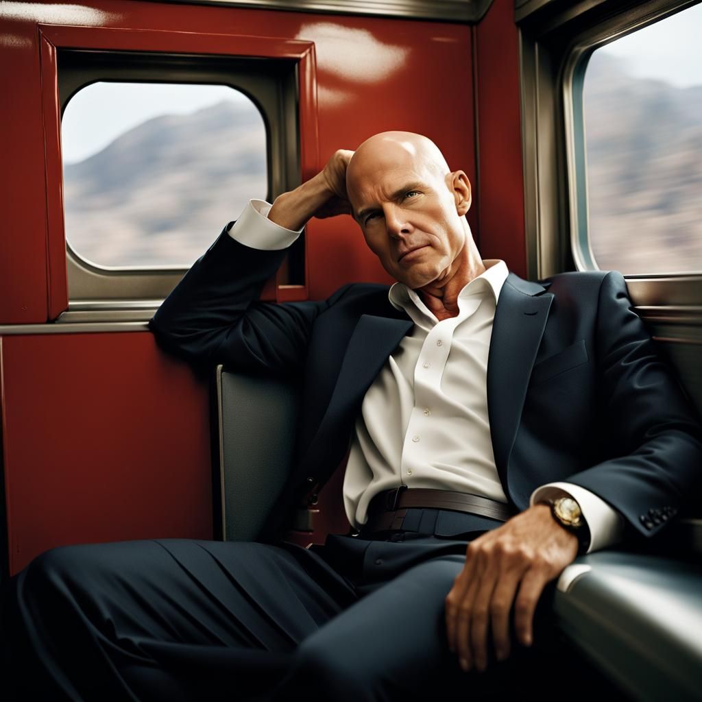Bald Man Sleeping on Train, Professional Portrait