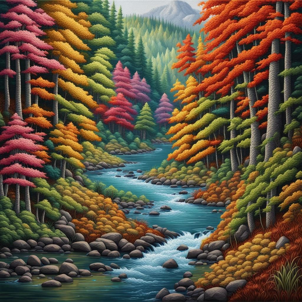 Colorful Forest River in Hyperrealistic Embroidery Style