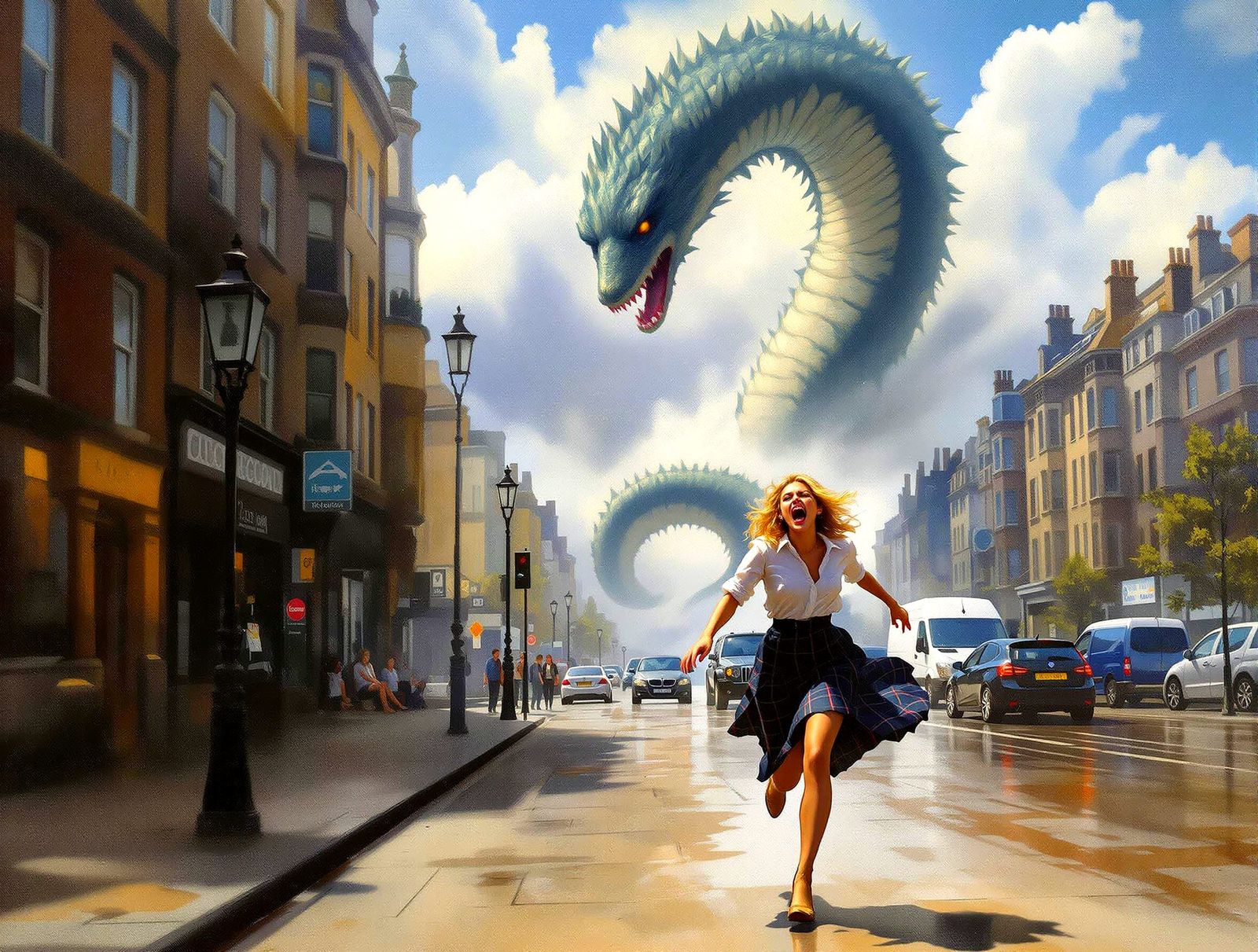 Loch Ness Monster Attacks Glasgow: Expressionist Oil Paintin...