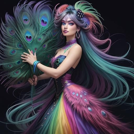 Radiant Woman with Peacock Feather Hair in Pixar Style