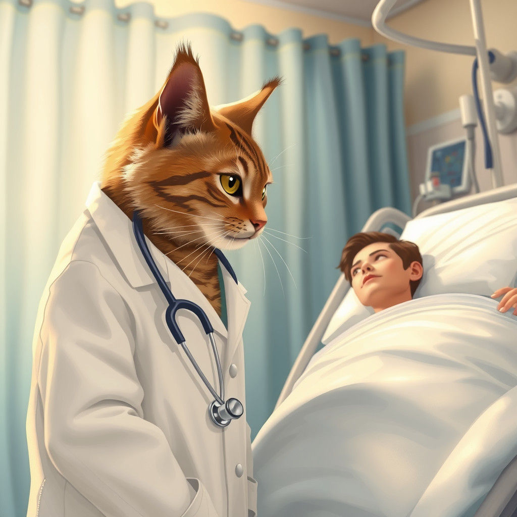 Feline Scientist Examines Patient: Digital Art