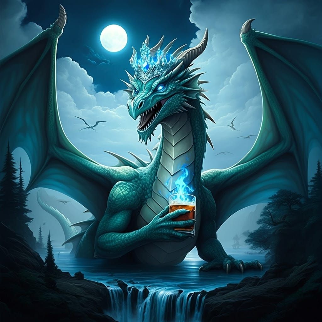 Ferocious Neon Dragon with Crown in Surreal Landscape