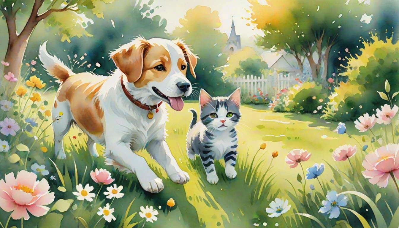 Dog and Kitten Play in Garden, Watercolor Illustration