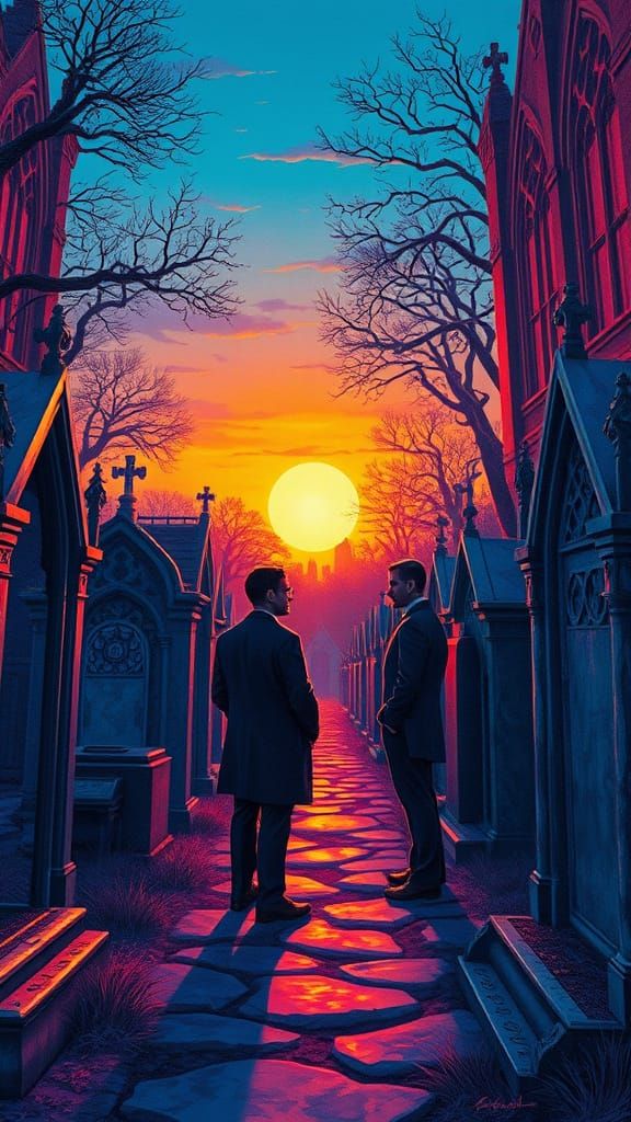 Sundown at the Cemetery Moebius contrasting colors deep colo...