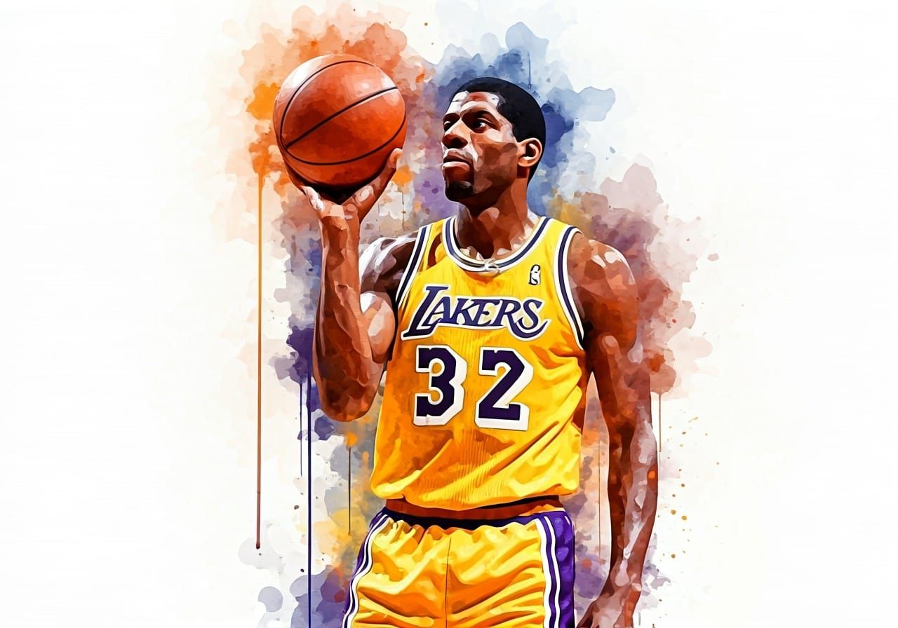 Magic Johnson Hook Shot in Watercolor Style