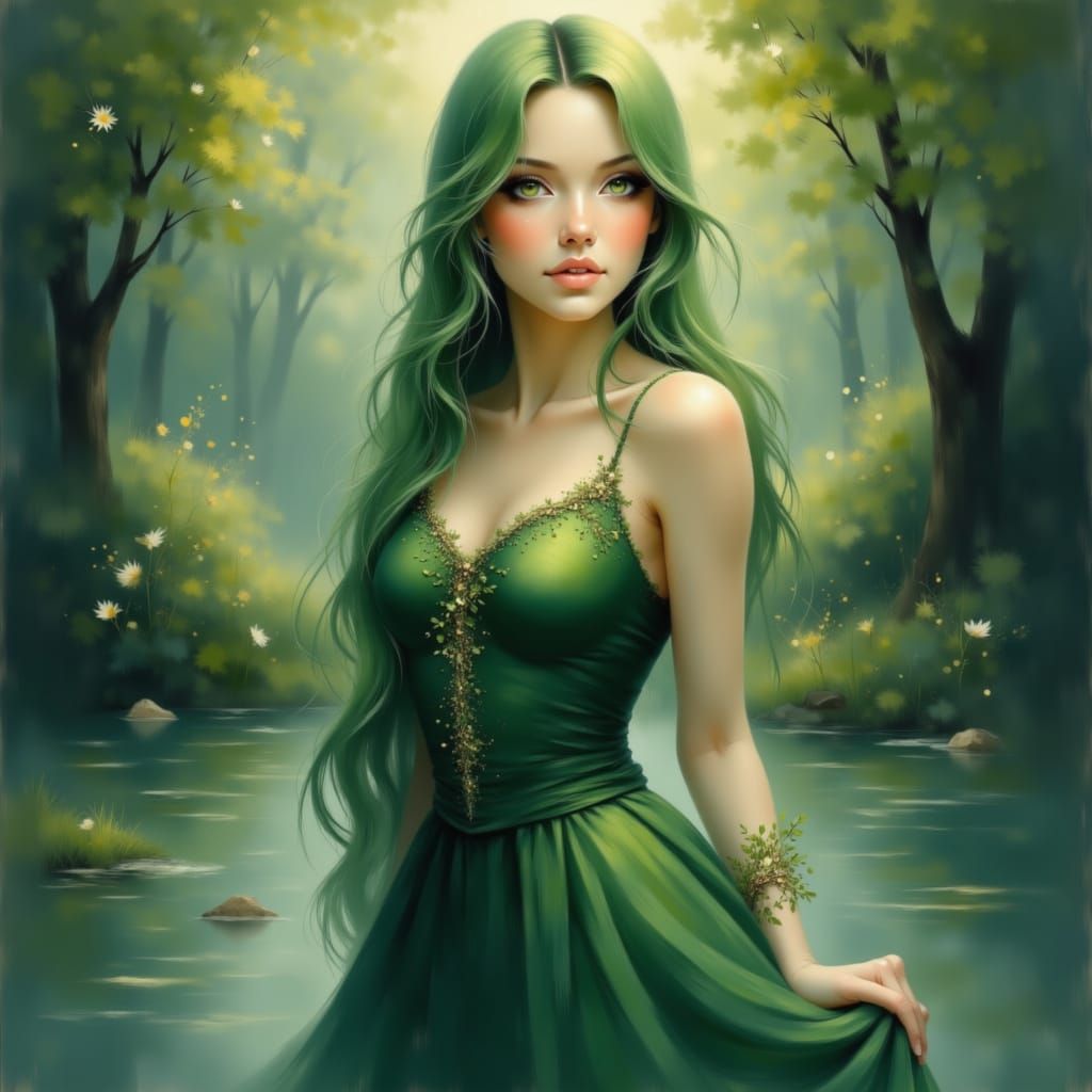 Beautiful Dryad in Emerald Green and Brown