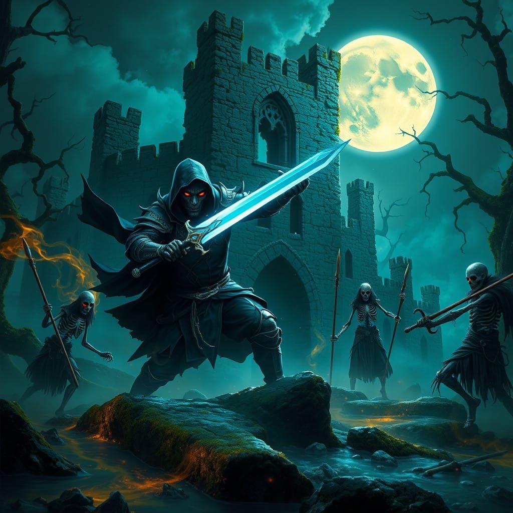 Medieval Bugbear Rogue Battles Skeletal Foes in Ruins