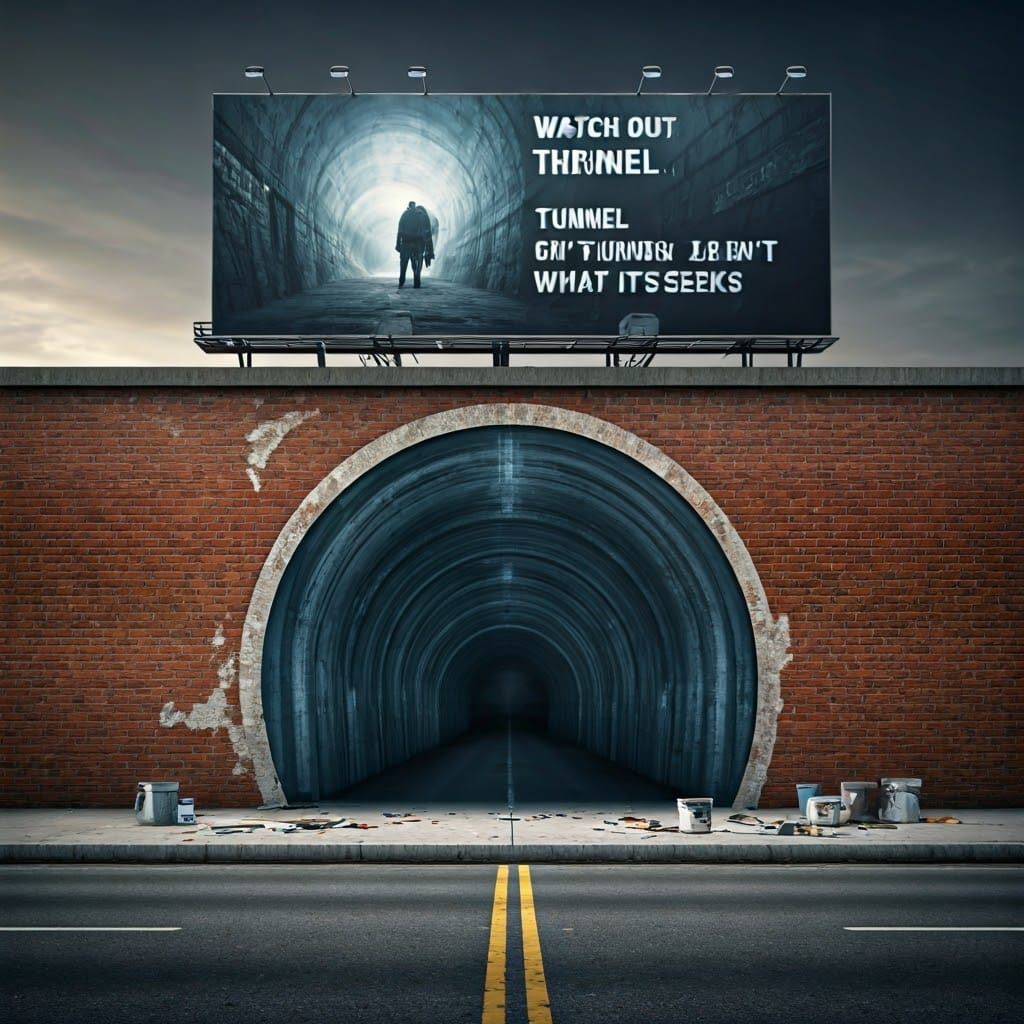 Realistic Tunnel Mural on a Deserted Road with a Warning Bil...