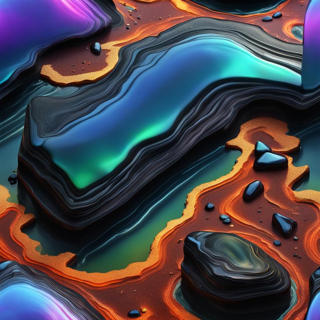 Beautiful slab of rainbow obsidian, up close bright profile
