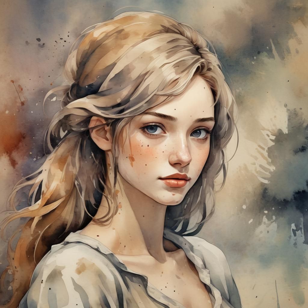 Watercolor Woman with Ink Splashes in Cezanne Style