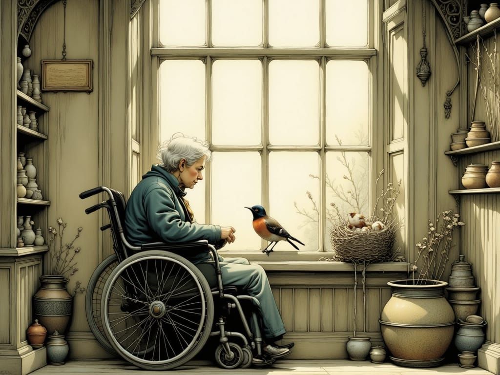 Old Woman Watching Bird Family, Hyperrealistic Illustration