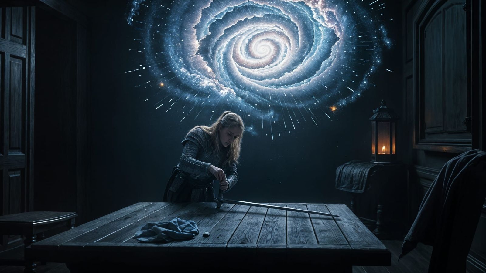 Norwegian Shieldmaiden Sharpening Sword with Galaxy